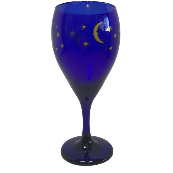 Vintage Libbey Cobalt Blue Glass Celestial Sun Moon & Stars Wine Glass 7… - Picture 4 of 7